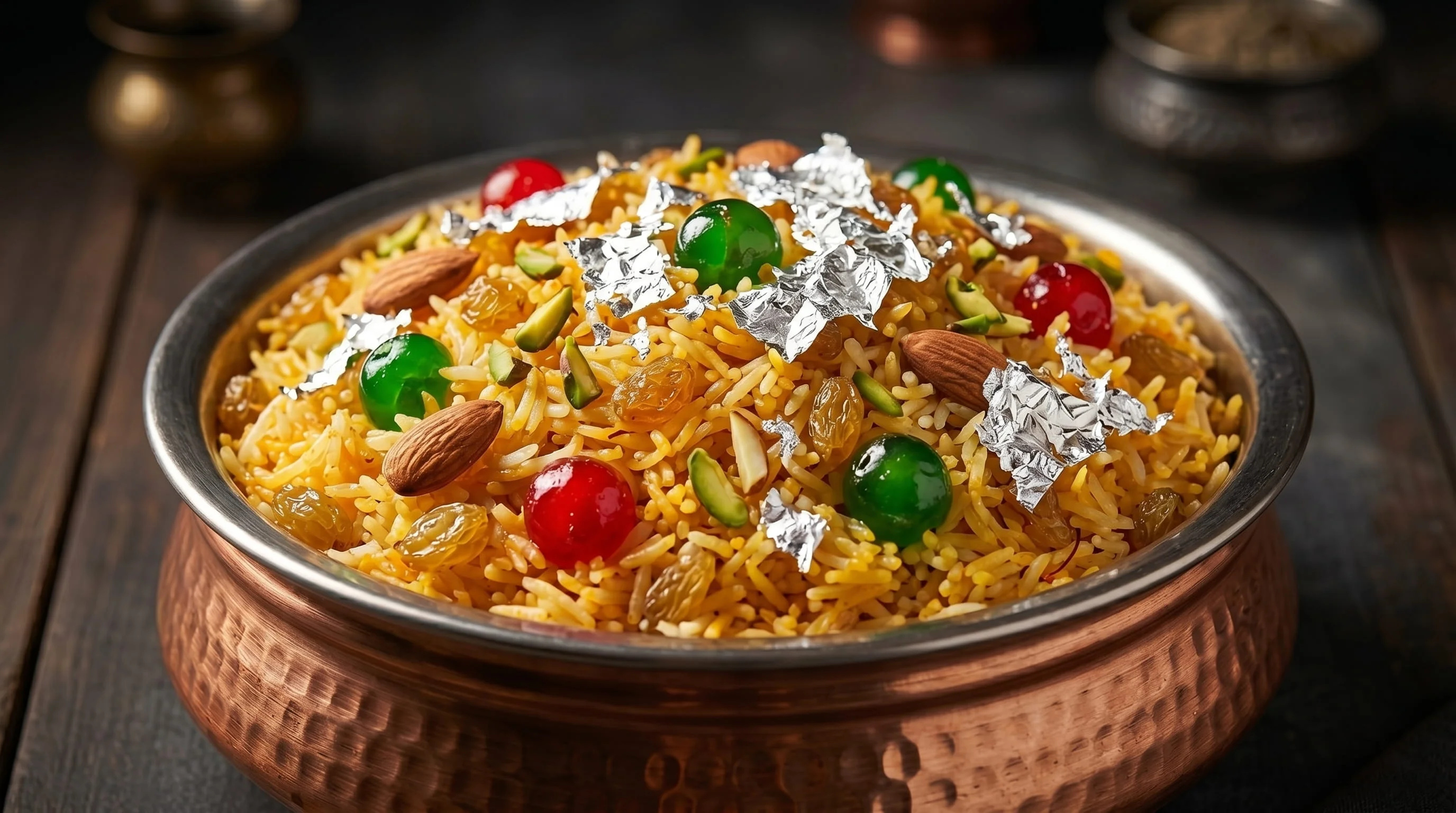 Festive serving of traditional Matanjan with sweet rice, almonds, pistachios